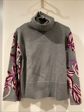 CAbi Gray Turtleneck Sweater with Pink & Purple Floral Sleeves